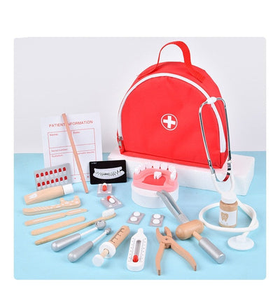 New Doctor Toys for Children Wooden Pretend Play Kit Set Games for Girls Boys Simulation Red Medical Dentist Medicine Cloth Bags - Playfulleaps